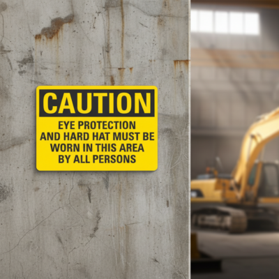 Caution Eye Protection And Hard Hat Must Be