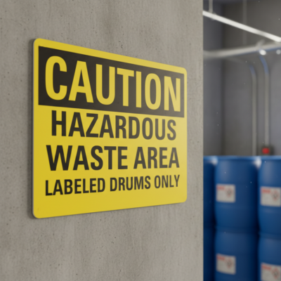 Caution Hazardous Waste Area Labeled Drums Only