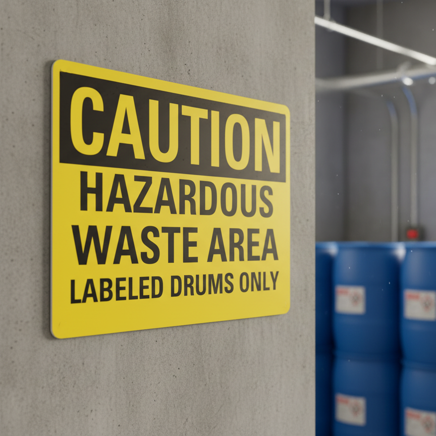 Caution Hazardous Waste Area Labeled Drums Only