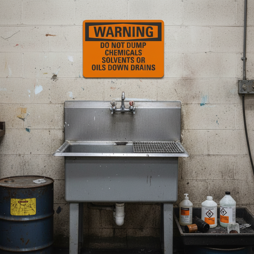 Warning Do Not Dump Chemicals, Solvents Or