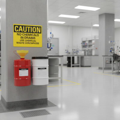 Caution No chemicals in drain use chemical waste