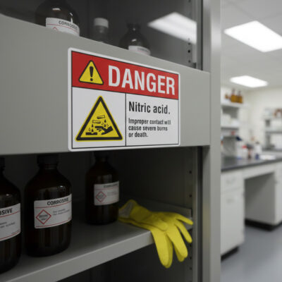 Danger Nitric acid. Improper contact will cause severe