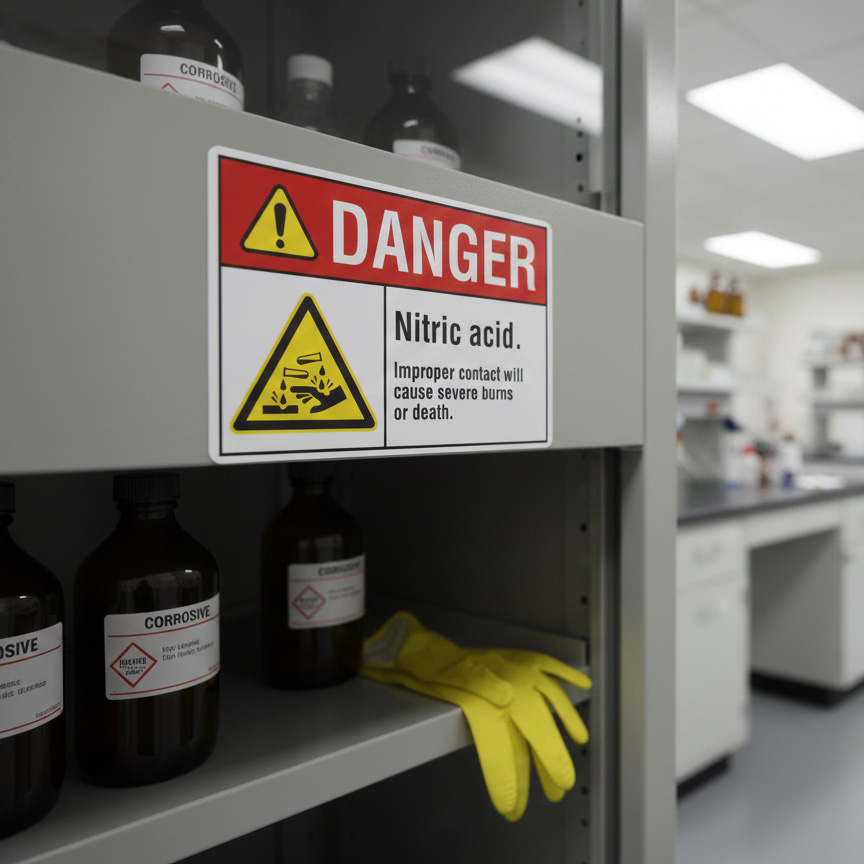 Danger Nitric acid. Improper contact will cause severe