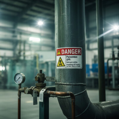 Danger Poisonous gas. Hydrogen sulfide. Breathing will