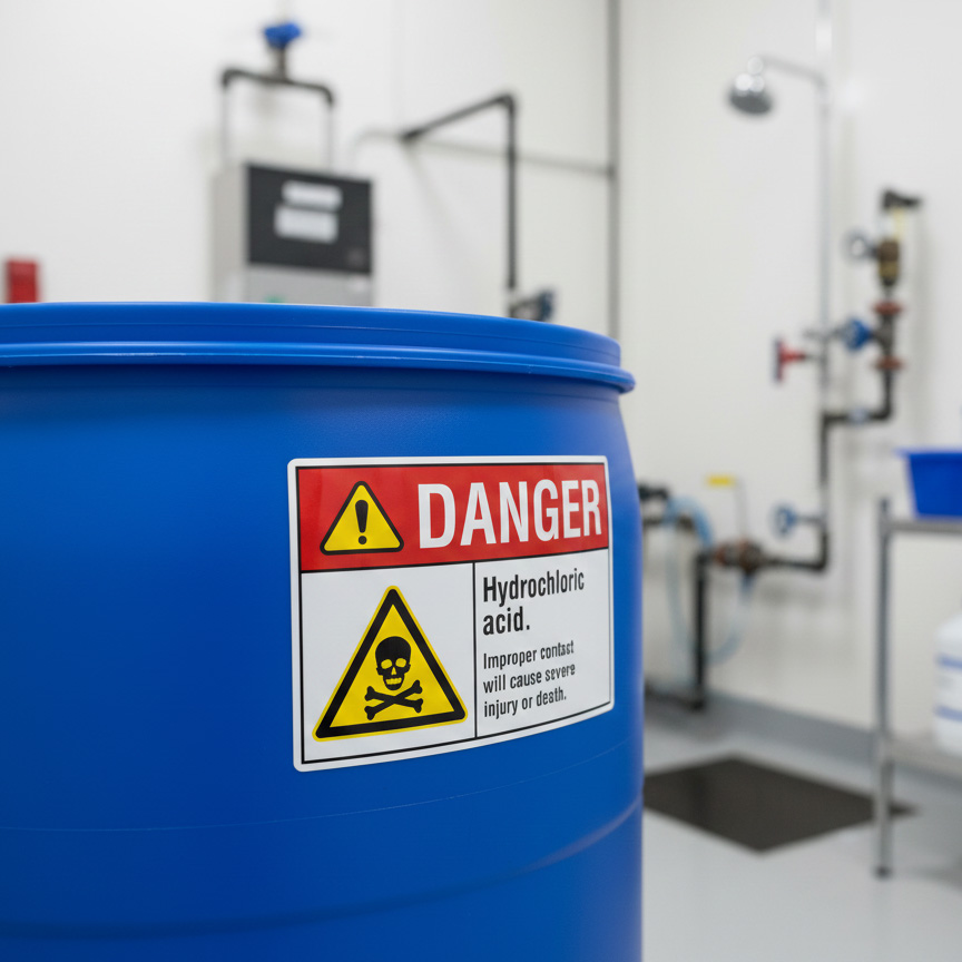 Danger Hydrochloric acid. Improper contact will cause