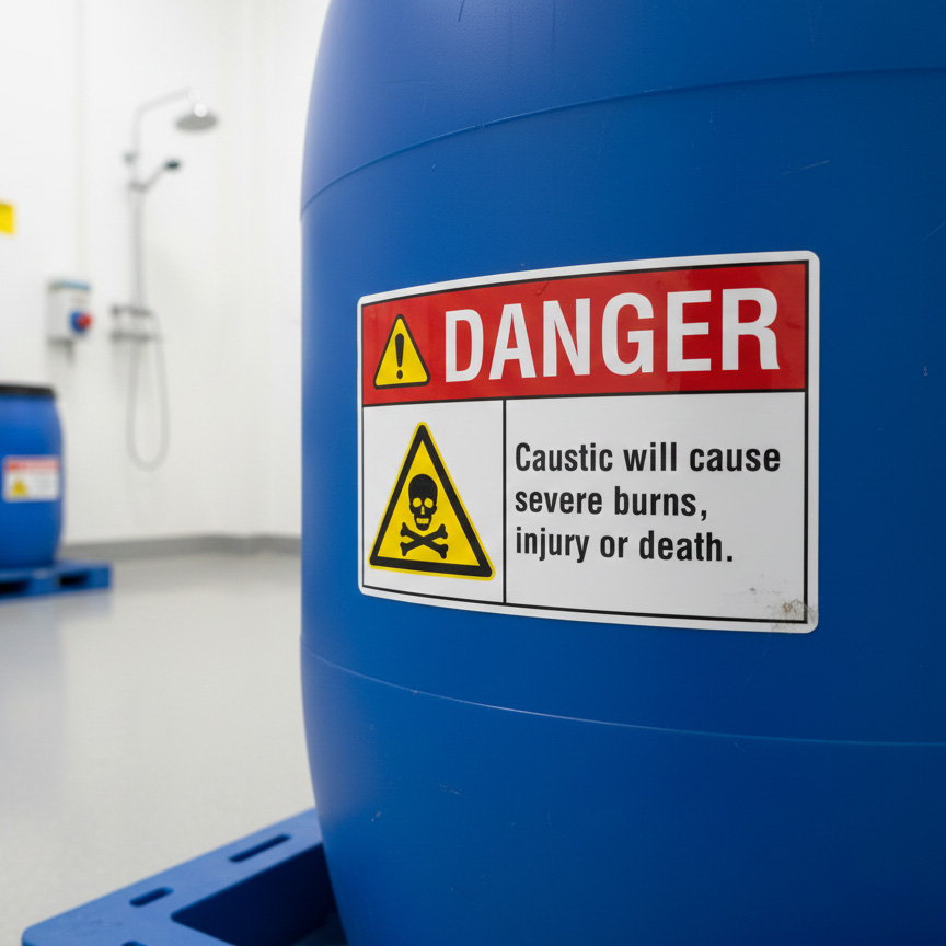 Danger Caustic Will cause severe burns injury or death