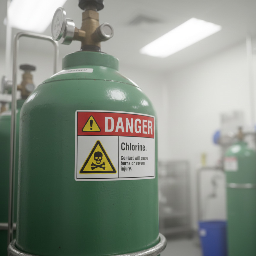 Danger Chlorine. Contact will cause burns or severe