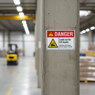 Danger Look out for lift trucks. Accident will cause