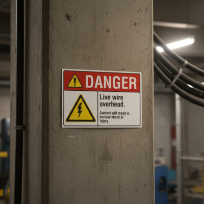 Danger Live wire overhead. Contact will result in