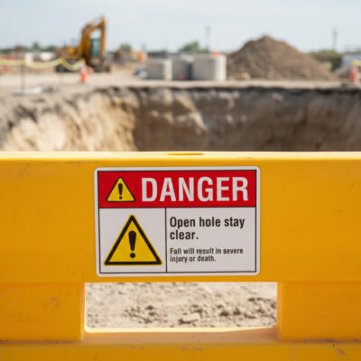 Danger Open hole. Stay clear. Fall will result in