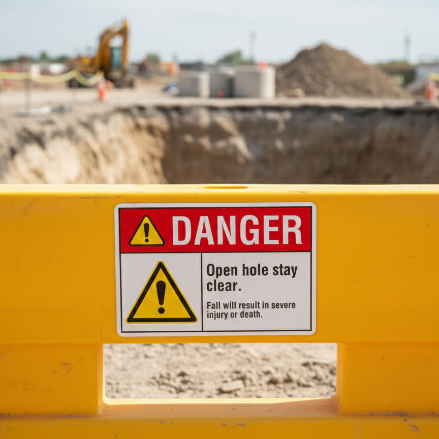 Danger Open hole. Stay clear. Fall will result in