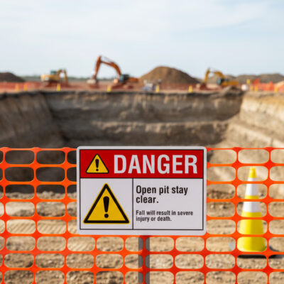 Danger Open pit. Stay clear. Fall will result in severe