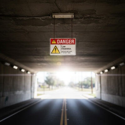 Danger Low clearance. Accident will result in serious