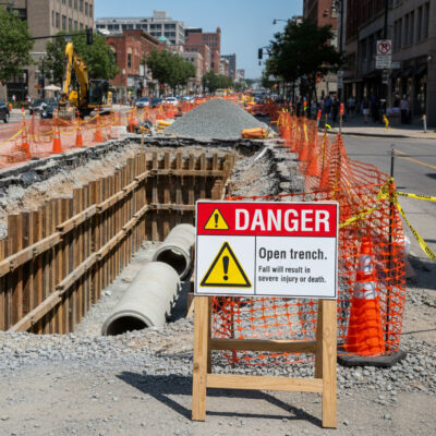 Danger Open trench. Fall will result in severe injury