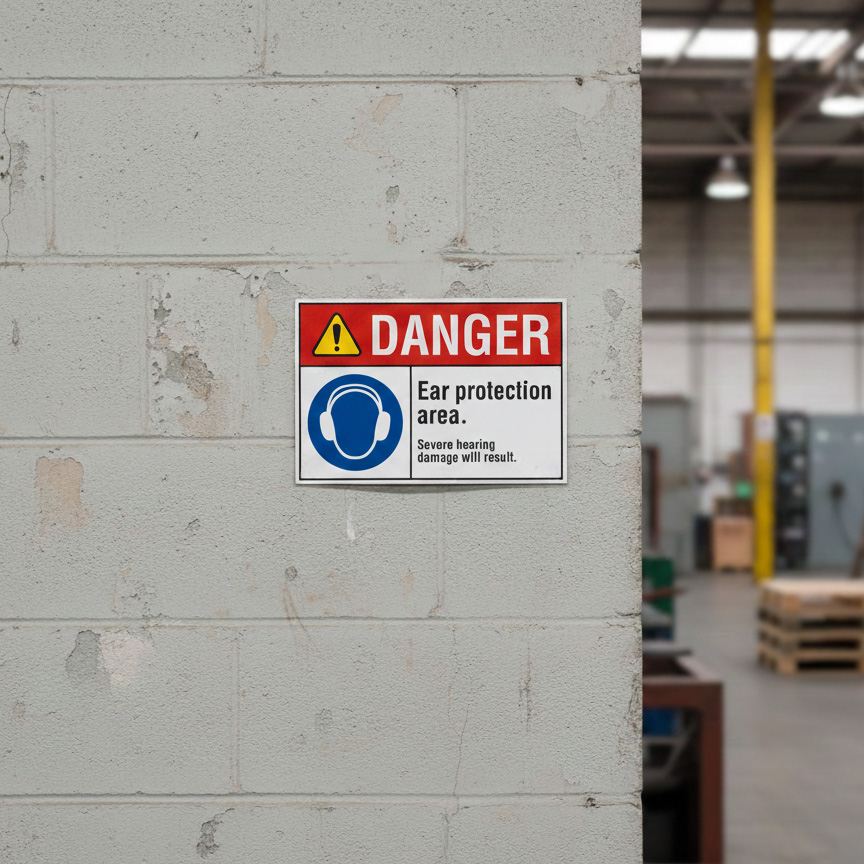 Danger Ear protection area. Severe hearing damage will