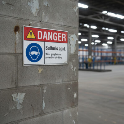 Danger Sulfuric acid. Wear goggles and protective