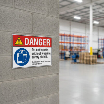 Danger Do not handle without wearing safety shield.