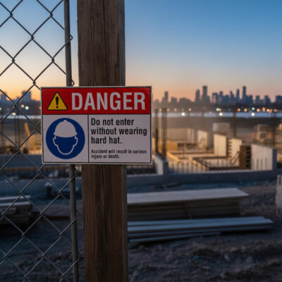 Danger Do not enter without wearing hard hat. Accident