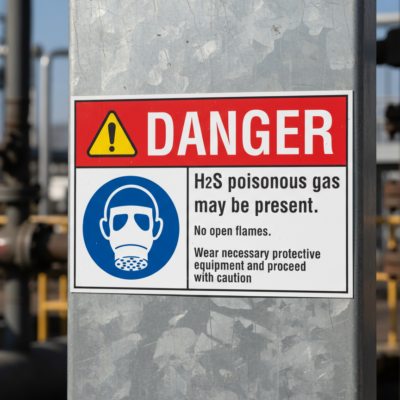 Danger H()2S poisonous gas. No open flames. Wear