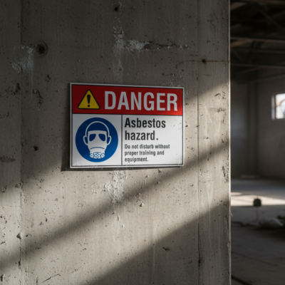Danger Asbestos. Hazardous. Do not disturb without