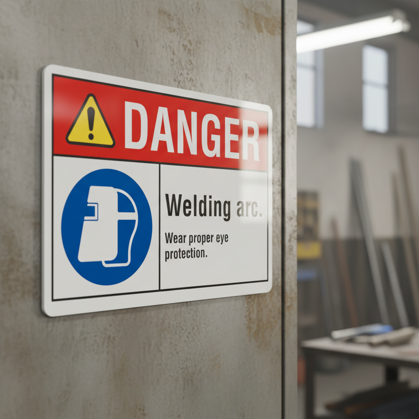 Danger Welding arc. Wear proper eye protection.