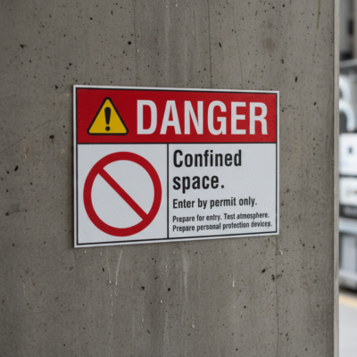 Danger Confined space. Enter by permit only. Prepare
