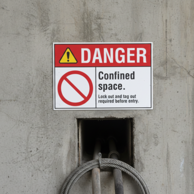 Danger Confined space. Lock out and tag out required