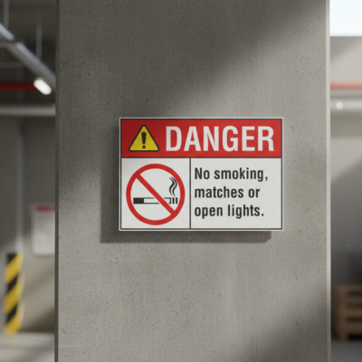 No smoking, matches or open lights. English