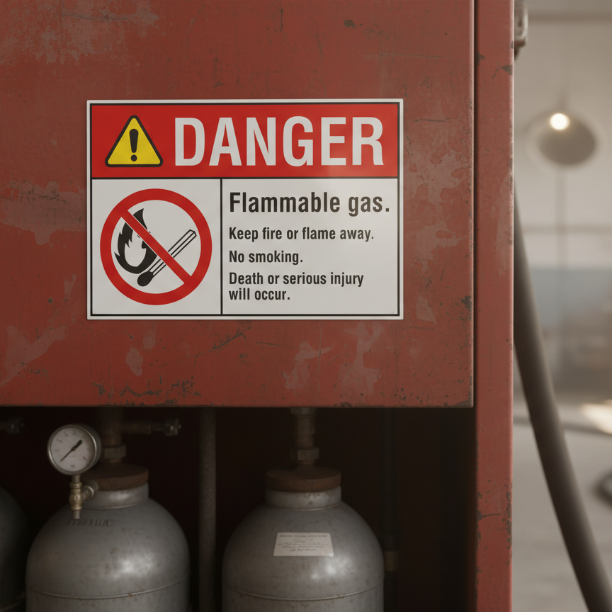 Danger Flammable gas. Keep fire or flame away. No