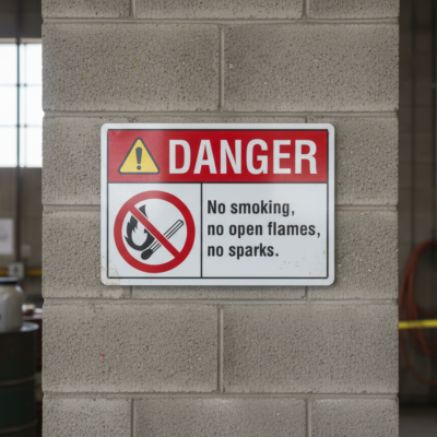 No smoking, no open flames, no sparks. English