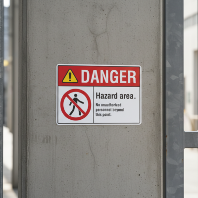 Danger Hazard area. No unauthorized personnel beyond