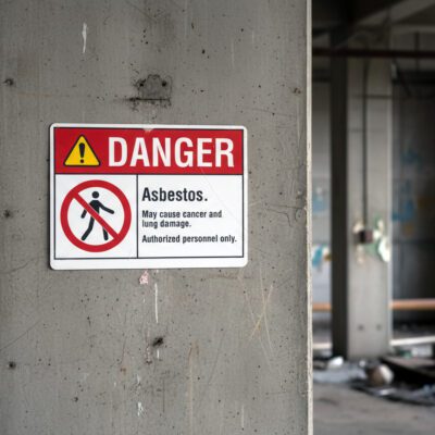 Danger Asbestos. May cause cancer and lung damage.
