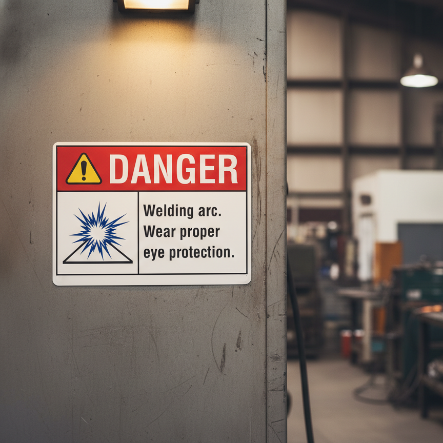 Danger Welding arc. Wear proper eye protection.