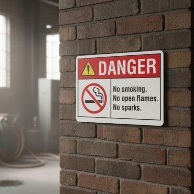 No smoking. No open flames. No sparks. English