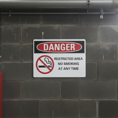 Danger Restricted area no smoking at any time