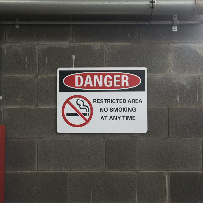 Danger Restricted area no smoking at any time