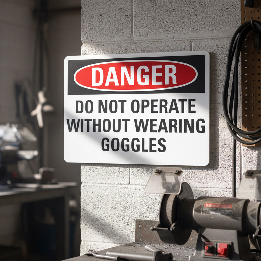 Danger Do not operate without wearing goggles