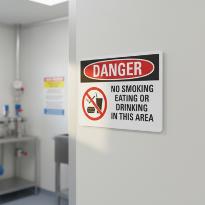 No smoking eating drinking in this area English