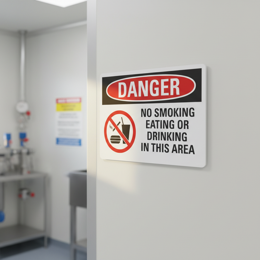 No smoking eating drinking in this area English