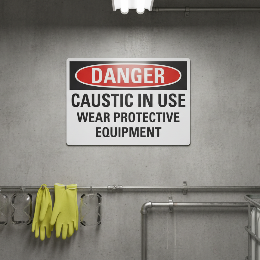 Danger Caustic in use wear protective equipment