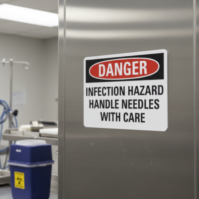 Danger Infection hazard handle needles with care