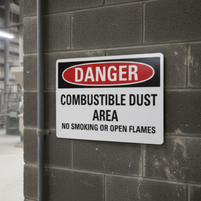 Danger Combustible dust area no smoking or open flame