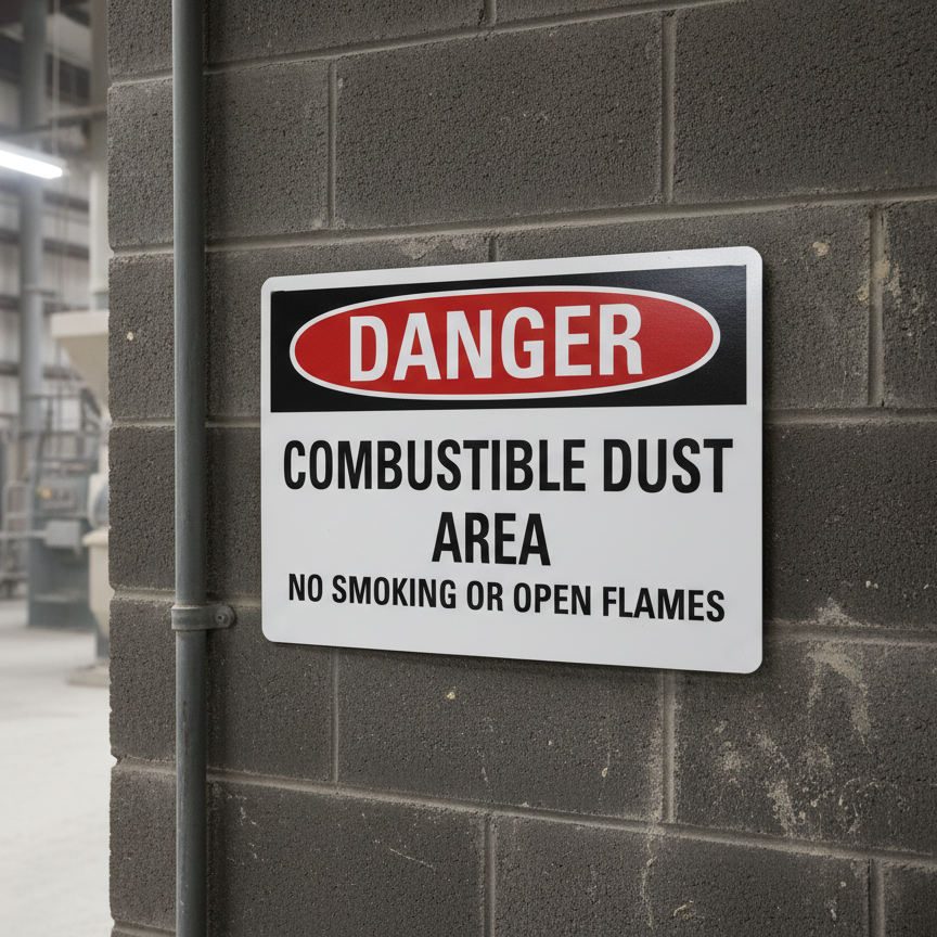 Danger Combustible dust area no smoking or open flame