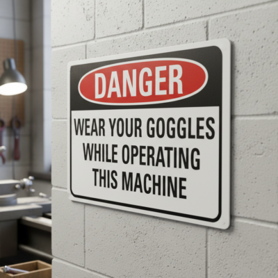 Danger Wear your goggles while operating this machine