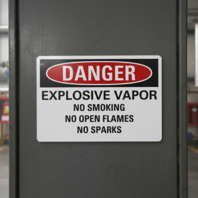 Danger Explosive vapor no smoking no open flames no