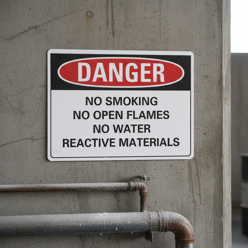 No smoking no open flames no water reactive materials