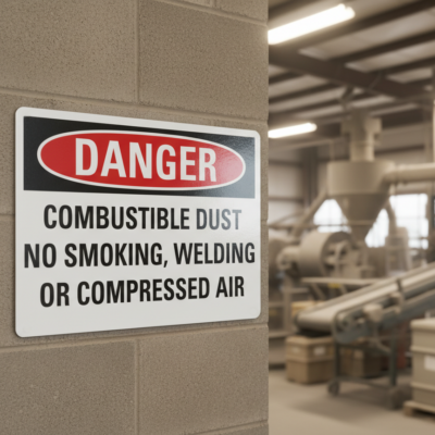 Danger Combustible dust no smoking, welding or