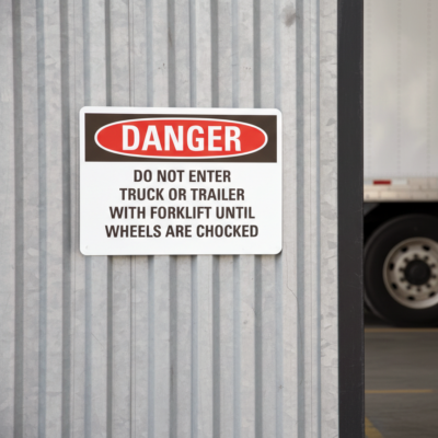 Danger Do not enter truck or trailer with forklift