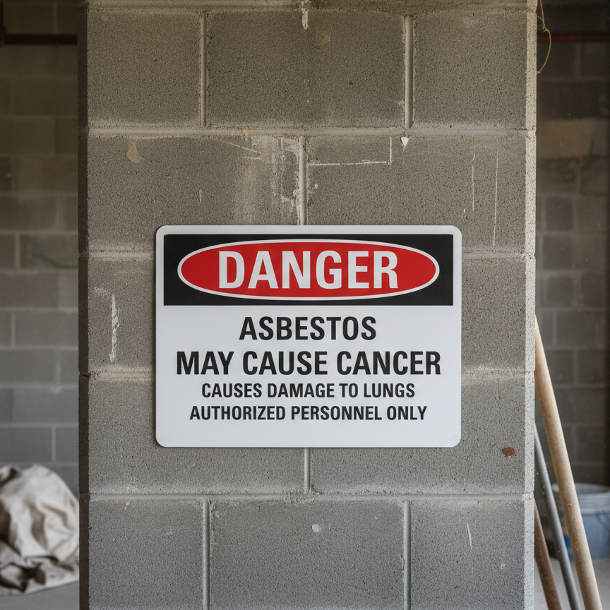 Danger Asbestos may cause cancer causes damage to lungs