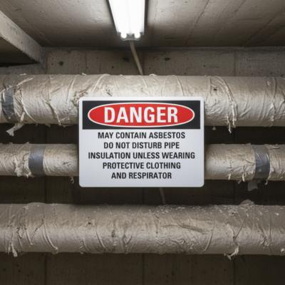 Danger May contain asbestos do not disturb pipe